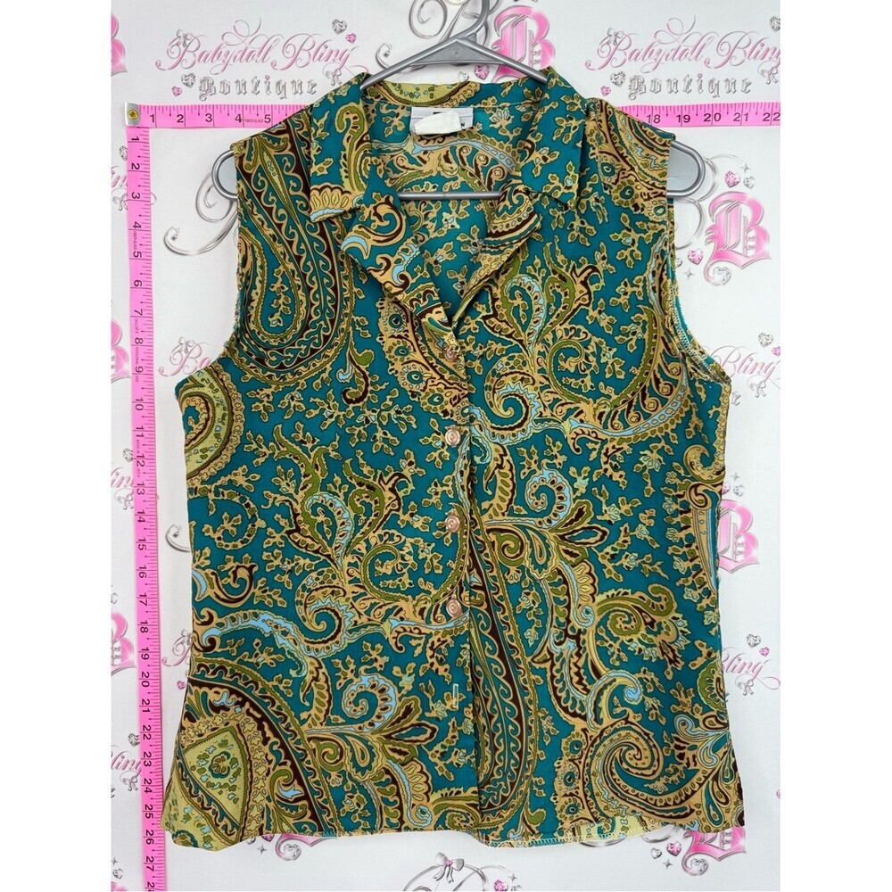 LD COLLECTION TOP Sleeveless Paisley Button-Front Top in Teal and Gold